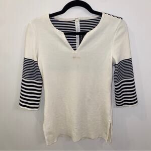 Vintage St. John Cream Black Striped Sleeve Wool-Blend Sweater Small Flawed